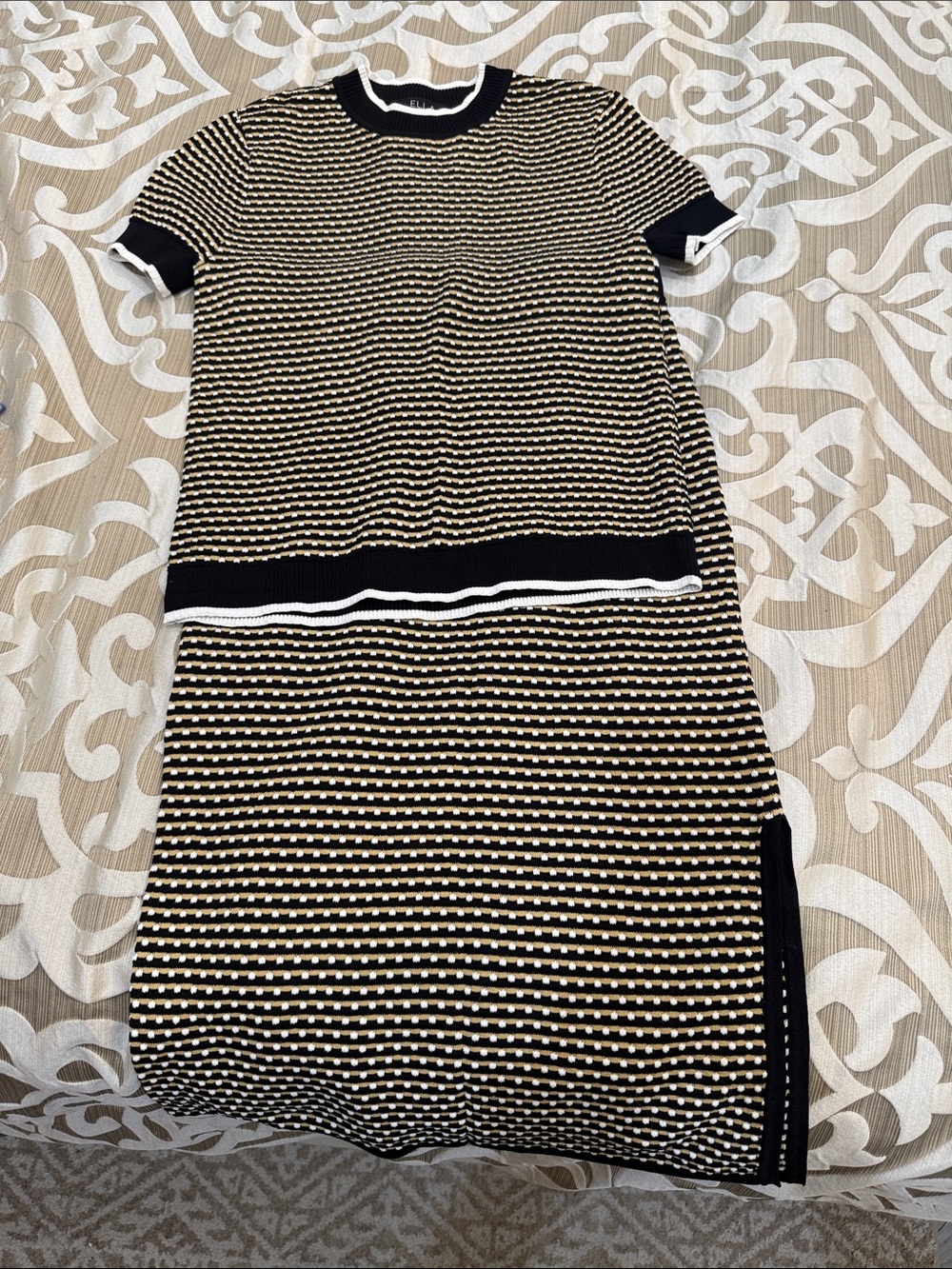 Rafaella Black and Cream Striped Knit skirt  Set